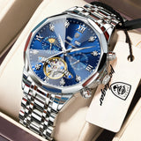 POEDAGAR Top Luxury Men's Watches Original Mechanical Stainless Steel Men Clock Waterproof Hollow Tourbillon Automatic Man Watch