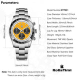 2025 New RollsTimi Mens Watches Top Brand Luxury Quartz Watch For Men VK63 Chronograph Wristwatches AR Sapphire Waterproof Clock