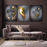 3D Love Heart Statue Art Hugging Couples Silver Gold Effect Canvas Print Abstract Metal Figure Poster Prints for Home Room Decor