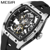 MEGIR Fashion Leisure Alloy Case Men Mechanical Watch Silicone Band Barrel Shaped Dial Luminous Pointer Design Man Wristwatch