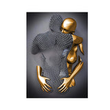 3D Love Heart Statue Art Hugging Couples Silver Gold Effect Canvas Print Abstract Metal Figure Poster Prints for Home Room Decor