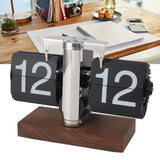 Flip Desk Clock Auto Mechanical Flip 24H Wood Base Stainless Steel Vintage Retro Digital Table Clock for Home Office