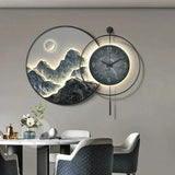 Decorative Painting With Clock Back Hanging Painting High-end Living Room Landscape Light Luxury Mural Clocks Wall Home Decor
