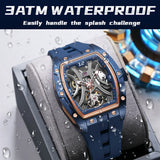 MEGIR Men Mechanical Watch Fashion Tonneau Skeleton Dial Waterproof Automatic Wristwatch Outdoor Sport Clock with Luminous Hands