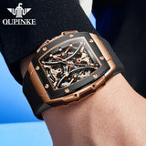 OUPINKE 3215 Tonneau Dial Automatic Mechanical Men's Wrist Watch High-end Luxury Hollow Out Chronograph 50m Waterproof Man Watch
