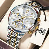 POEDAGAR Top Luxury Men's Watches Original Mechanical Stainless Steel Men Clock Waterproof Hollow Tourbillon Automatic Man Watch