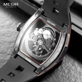 MEGIR Automatic Wristwatch Men Fashion Black Silicone Strap Wateproof Luminous Sport Mechanical Watch with Tonneau Dial 2242