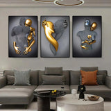 3D Love Heart Statue Art Hugging Couples Silver Gold Effect Canvas Print Abstract Metal Figure Poster Prints for Home Room Decor