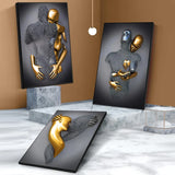 3D Love Heart Statue Art Hugging Couples Silver Gold Effect Canvas Print Abstract Metal Figure Poster Prints for Home Room Decor