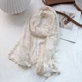 Vintage Hollow Lace Scarf Women's Shawl Silk Scarf Transparent White Gauze Embroidered Thin Cotton and Linen Spring and Autumn