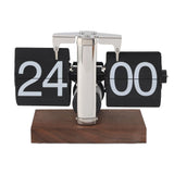 Flip Desk Clock Auto Mechanical Flip 24H Wood Base Stainless Steel Vintage Retro Digital Table Clock for Home Office