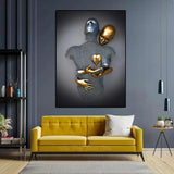 3D Love Heart Statue Art Hugging Couples Silver Gold Effect Canvas Print Abstract Metal Figure Poster Prints for Home Room Decor