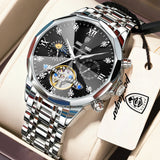 POEDAGAR Top Luxury Men's Watches Original Mechanical Stainless Steel Men Clock Waterproof Hollow Tourbillon Automatic Man Watch