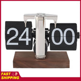 Flip Desk Clock Auto Mechanical Flip 24H Wood Base Stainless Steel Vintage Retro Digital Table Clock for Home Office