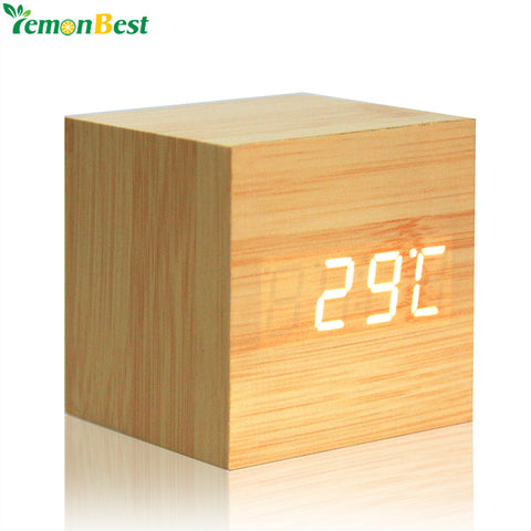 Wooden LED Digital Alarm Clock With Thermometer LED Display Temp Date Calendars Electronic Desktop Digital Table Clocks For Gift