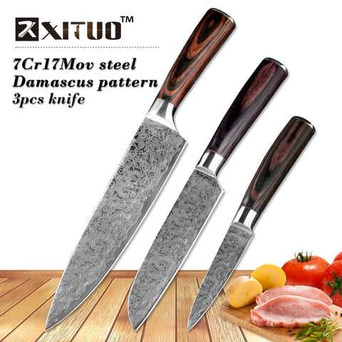 XITUO best 3 pcs kitchen knives sets Japanese Damascus steel Pattern chef knife sets Cleaver Paring Santoku Slicing utility tool