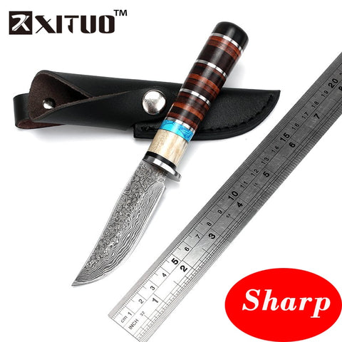 XITUO High carbon steel Handmade Damascus pattern Fixed blade knife survival tactical pocket knife antler handle Leather sheath